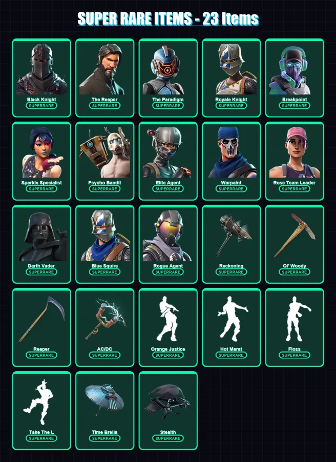 [PC/PSN] | Black Knight | Polo Prodigy | The Reaper | Stadium Hero '92 | The Paradigm | 422 skin | 353 pickaxe | 278 emote | 255 glider | Lv3728