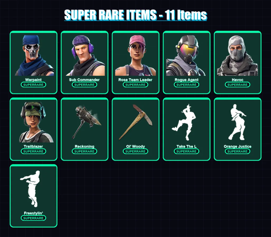 [PC/XBOX/PSN] | Warpaint | Sub Commander | Rose Team Leader | Rogue Agent | Havoc | 33 skin | 30 pickaxe | 22 emote | 28 glider | Lv332