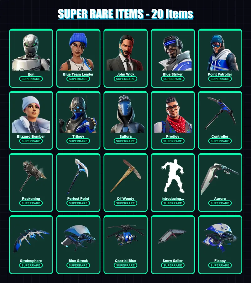 [PC/XBOX/PSN] | Eon | Blue Team Leader | John Wick | Blue Striker | Drift | 50 skin | 46 pickaxe | 35 emote | 45 glider | Lv413