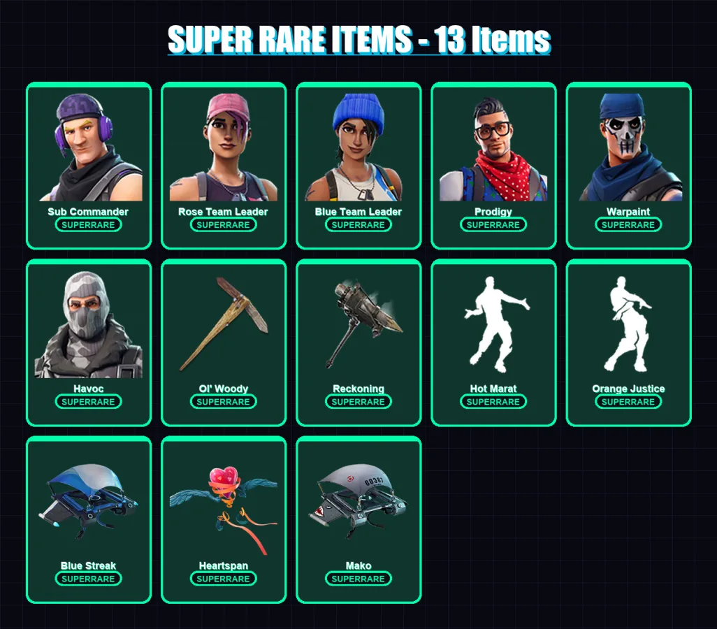 [PS4/PS5/XBOX/PC] | Sub Commander | Rose Team Leader | Blue Team Leader | Prodigy | Warpaint | 55 skin | 44 pickaxe | 56 emote | 53 glider | Lv829