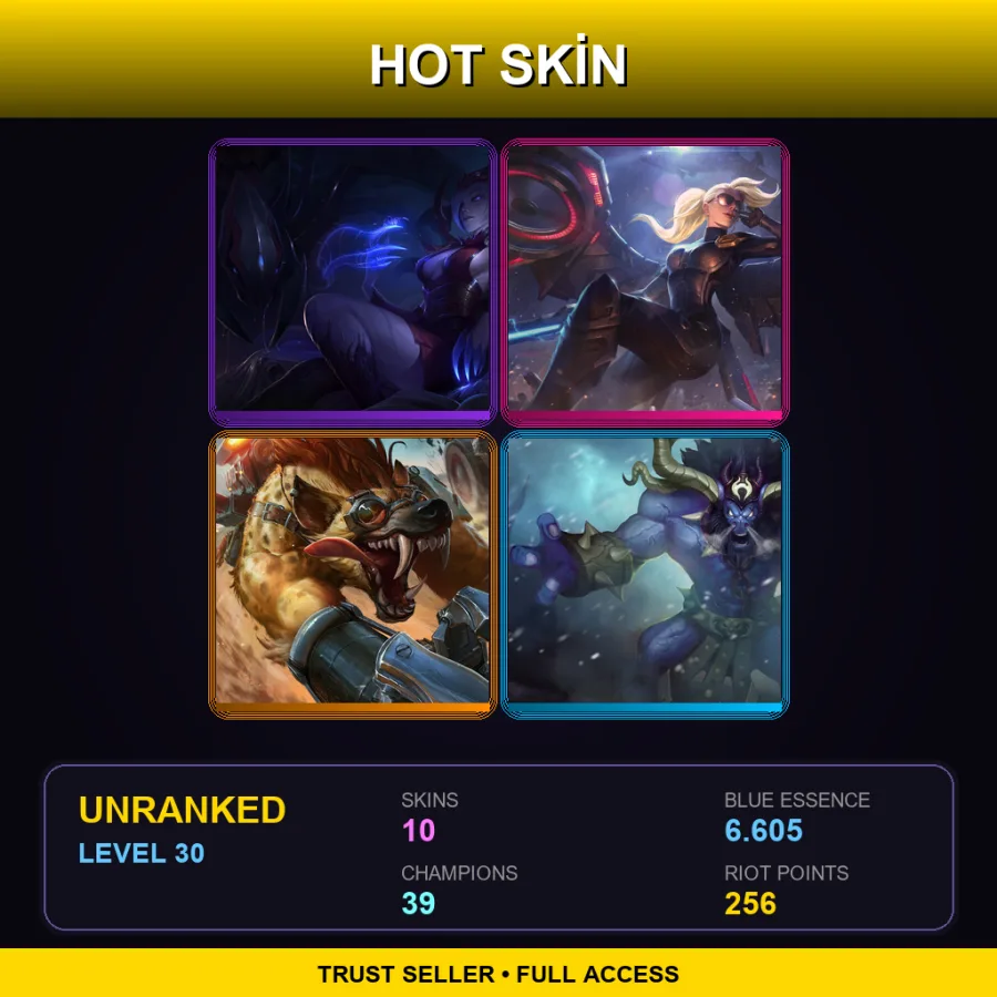EUW | Blood Moon Elise | Riot Kayle | Hyena Warwick | Unchained Alistar | 10 Skin | 39 Champ | Lv30