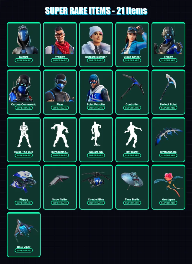 [PS4/PS5/XBOX/PC] | Sultura | Prodigy | Blizzard Bomber | Cloud Striker | Trilogy | 178 skin | 218 pickaxe | 144 emote | 148 glider | Lv1923