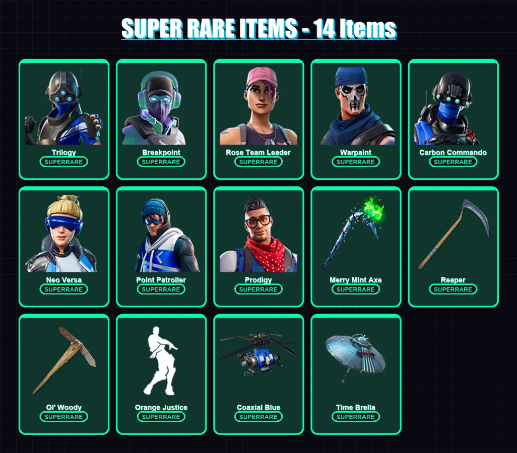 [PC/XBOX] | Trilogy | Breakpoint | Rose Team Leader | Warpaint | Carbon Commando | 94 skin | 99 pickaxe | 111 emote | 101 glider | Lv1455