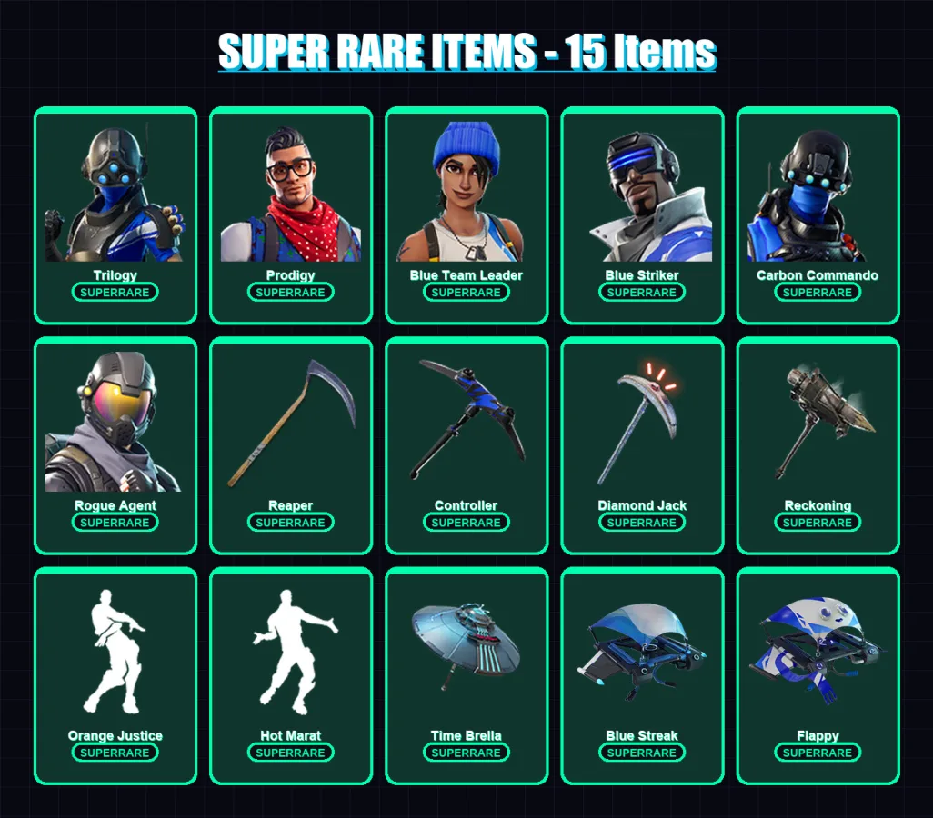 [PS4/PS5/XBOX/PC] | Trilogy | Prodigy | Blue Team Leader | Blue Striker | Carbon Commando | 46 skin | 56 pickaxe | 56 emote | 57 glider | Lv1071