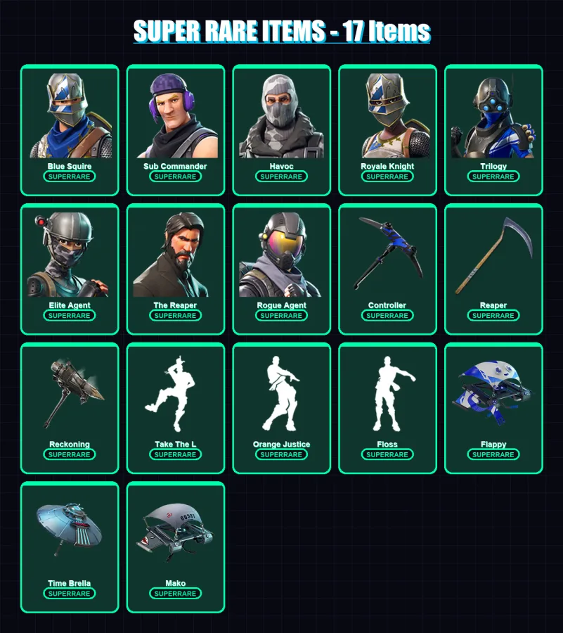 [PC/XBOX] | Blue Squire | Sub Commander | Havoc | Royale Knight | Trilogy | 128 skin | 65 pickaxe | 98 emote | 80 glider | Lv1163