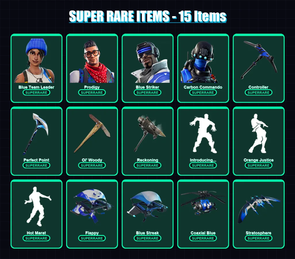 [PS4/PS5/XBOX/PC] | Blue Team Leader | Prodigy | Blue Striker | Carbon Commando | Singularity | 47 skin | 83 pickaxe | 75 emote | 67 glider | Lv987