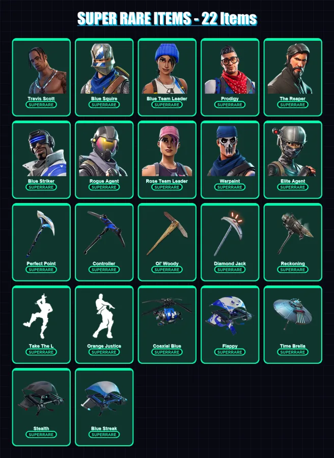 [PS4/PS5/XBOX/PC] | Travis Scott | Blue Squire | Blue Team Leader | Prodigy | The Reaper | 71 skin | 64 pickaxe | 59 emote | 74 glider | Lv922