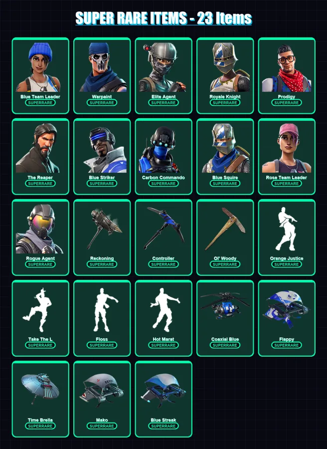 [PS4/PS5/XBOX/PC] | Blue Team Leader | Warpaint | Elite Agent | Royale Knight | Prodigy | 80 skin | 94 pickaxe | 90 emote | 99 glider | Lv1295