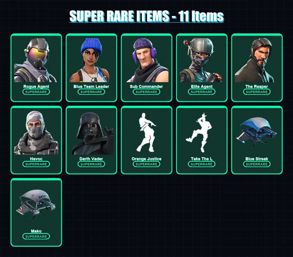 [PC/XBOX/PSN] | Rogue Agent | Blue Team Leader | Sub Commander | Elite Agent | The Reaper | 55 skin | 55 pickaxe | 43 emote | 61 glider | Lv1009
