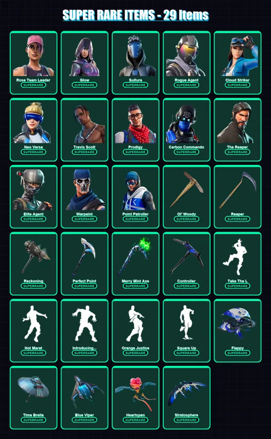 [PS4/PS5/XBOX/PC] | Rose Team Leader | Glow | Sultura | Rogue Agent | Cloud Striker | 170 skin | 138 pickaxe | 130 emote | 125 glider | Lv1924