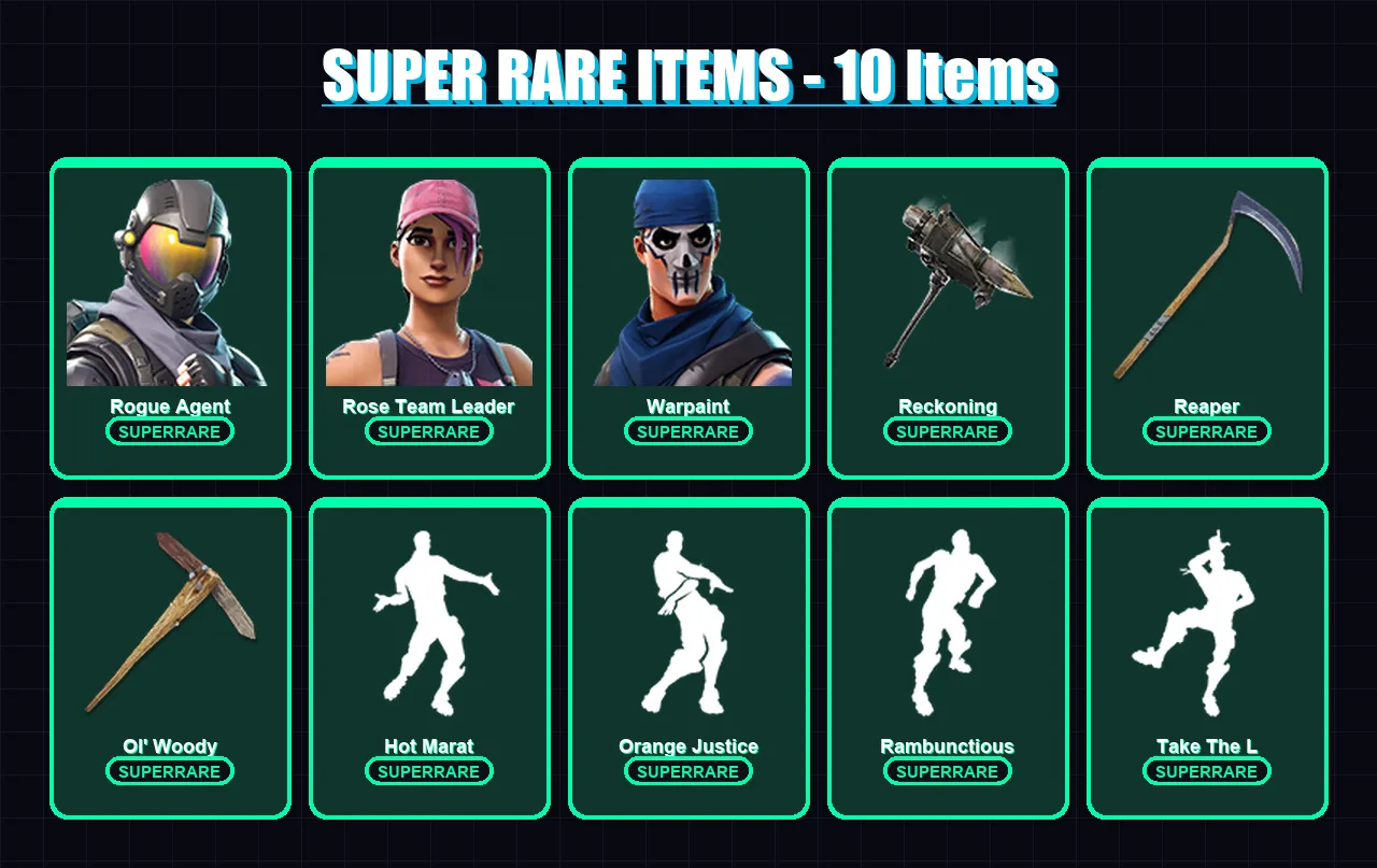 [PC/XBOX/PSN] | Rogue Agent | Rose Team Leader | Warpaint | Omega | Calamity | 52 skin | 49 pickaxe | 71 emote | 51 glider | Lv624