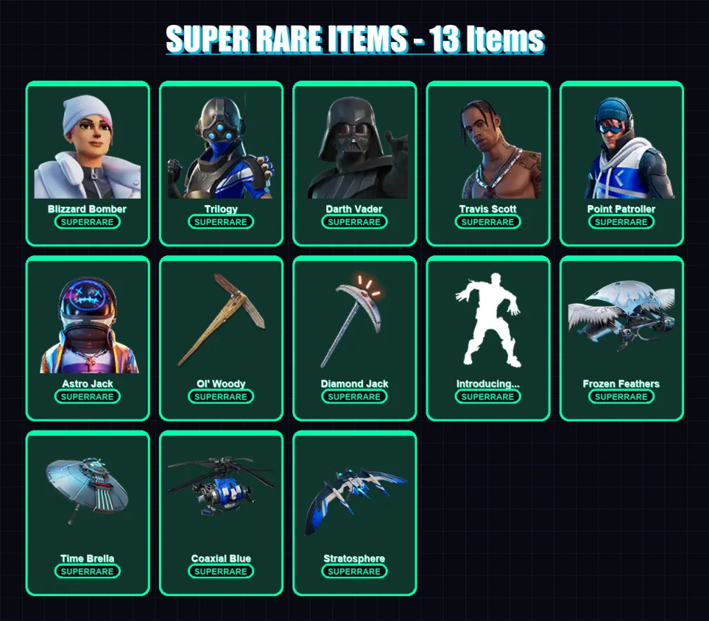 [PS4/PS5/XBOX/PC] | Blizzard Bomber | Trilogy | Darth Vader | Travis Scott | Point Patroller | 95 skin | 119 pickaxe | 100 emote | 103 glider | Lv13