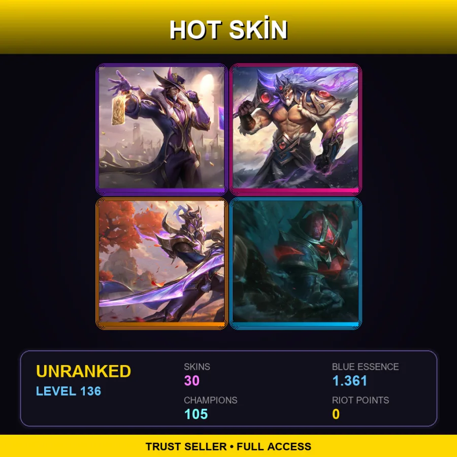 LAS | Lv136 | Unranked | 30 Skin | 105 Champ — LoL account