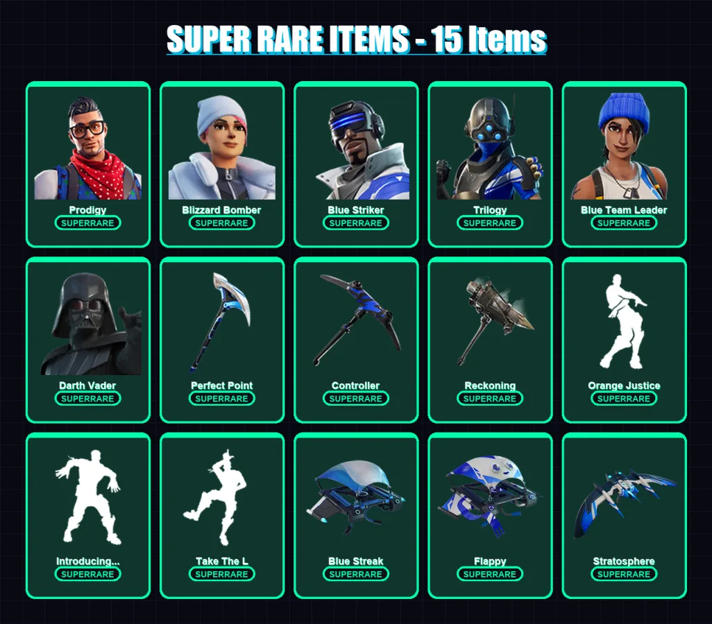 [PS4/PS5/XBOX/PC] | Prodigy | Blizzard Bomber | Blue Striker | Trilogy | Blue Team Leader | 146 skin | 170 pickaxe | 127 emote | 129 glider | Lv1597