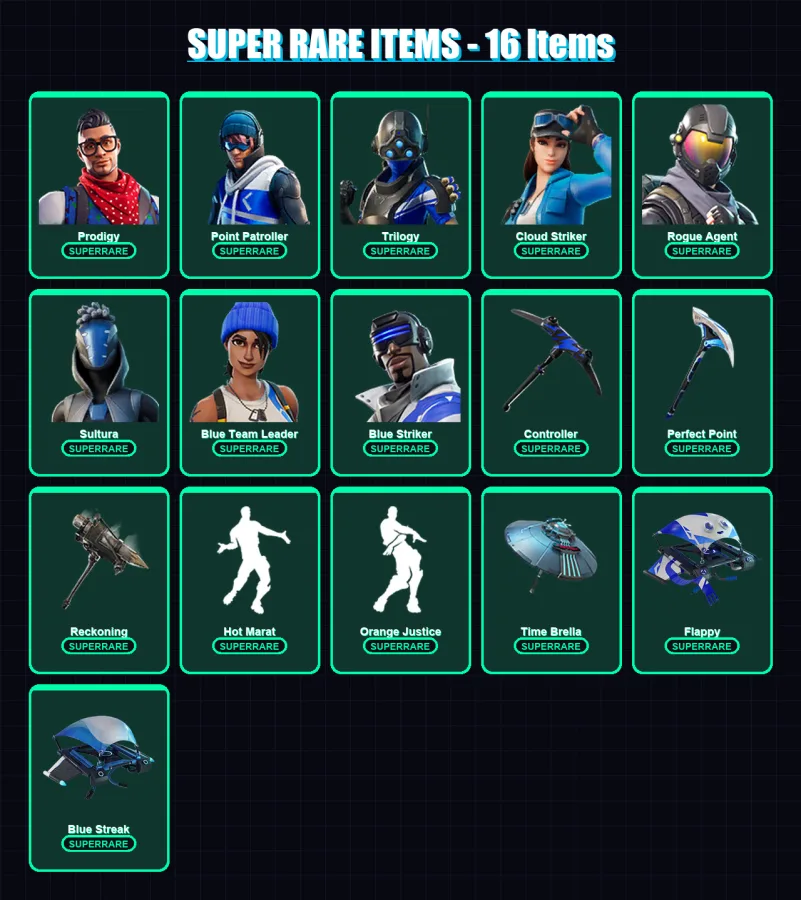 [PS4/PS5/XBOX/PC] | Prodigy | Point Patroller | Trilogy | Cloud Striker | Rogue Agent | 94 skin | 121 pickaxe | 89 emote | 109 glider | Lv1559