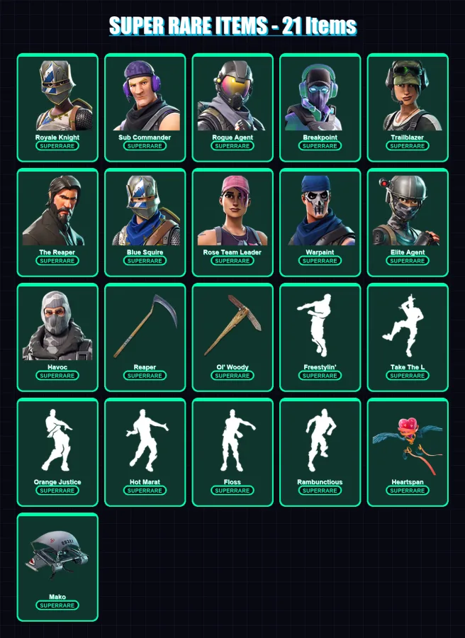 [PC] | Royale Knight | Sub Commander | Rogue Agent | Breakpoint | Trailblazer | 113 skin | 80 pickaxe | 106 emote | 73 glider | Lv973 — Fortnite account