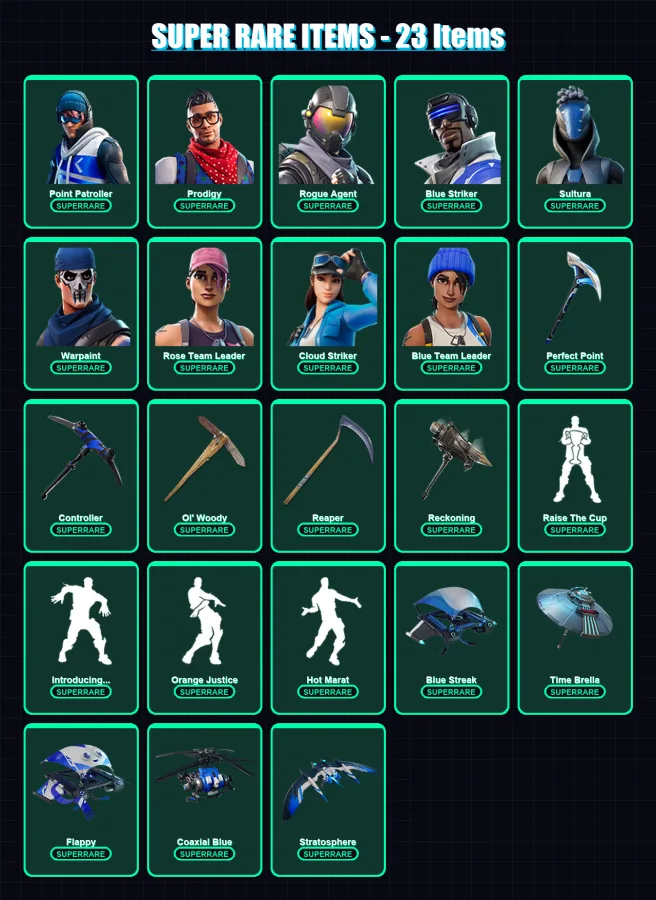 [PC/XBOX] | Point Patroller | Prodigy | Rogue Agent | Blue Striker | Sultura | 83 skin | 101 pickaxe | 78 emote | 101 glider | Lv1340
