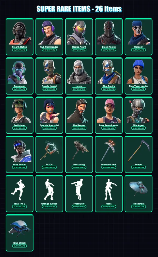 [PC/XBOX/PSN] | Stealth Reflex | Sub Commander | Rogue Agent | Black Knight | Warpaint | 159 skin | 88 pickaxe | 106 emote | 93 glider | Lv1483