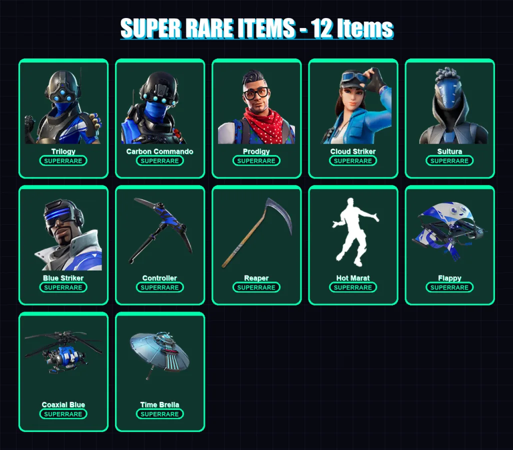 [PS4/PS5/XBOX/PC] | Trilogy | Carbon Commando | Prodigy | Cloud Striker | Sultura | 56 skin | 76 pickaxe | 64 emote | 86 glider | Lv1378