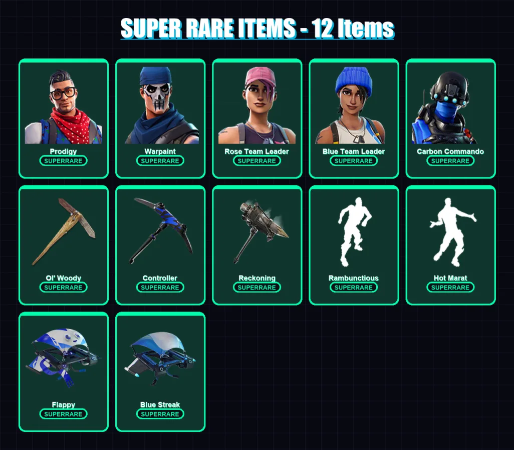 [PS4/PS5/XBOX/PC] | Prodigy | Warpaint | Rose Team Leader | Blue Team Leader | Carbon Commando | 65 skin | 53 pickaxe | 85 emote | 63 glider | Lv724