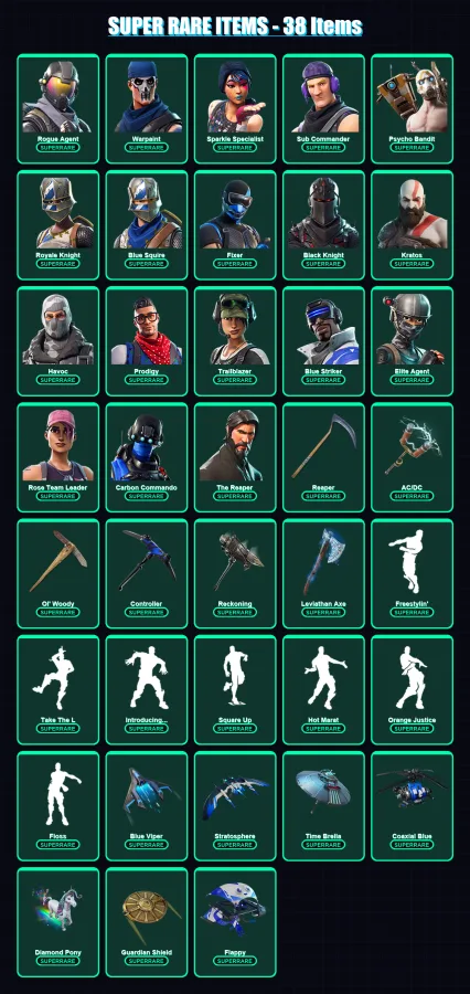 [PC/XBOX] | Rogue Agent | Warpaint | Sparkle Specialist | Sub Commander | Psycho Bandit | 120 skin | 98 pickaxe | 102 emote | 93 glider | Lv1134