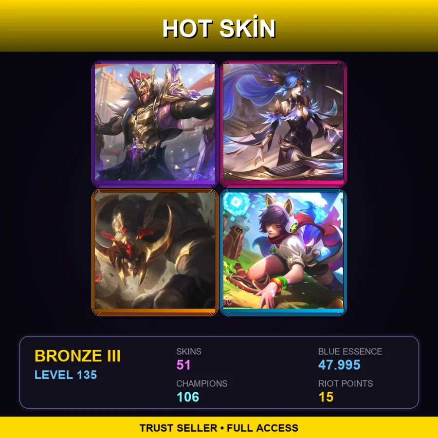 EUW | Lv135 | Bronze III | 51 Skin | 106 Champ — LoL account