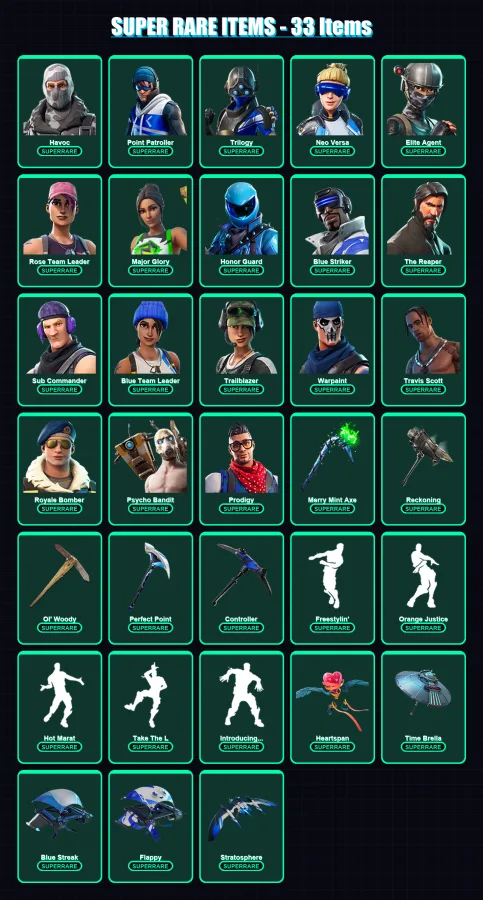 [PC/XBOX] | Havoc | Point Patroller | Trilogy | Neo Versa | Elite Agent | 242 skin | 173 pickaxe | 186 emote | 163 glider | Lv2575