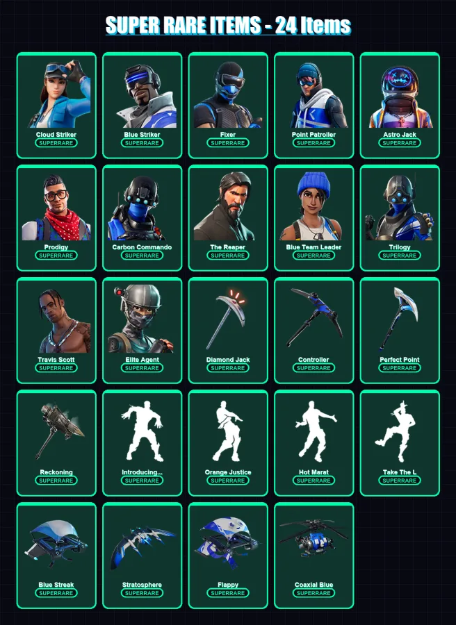 [PS4/PS5/XBOX/PC] | Cloud Striker | Blue Striker | Fixer | Point Patroller | Astro Jack | 126 skin | 96 pickaxe | 112 emote | 92 glider | Lv1384