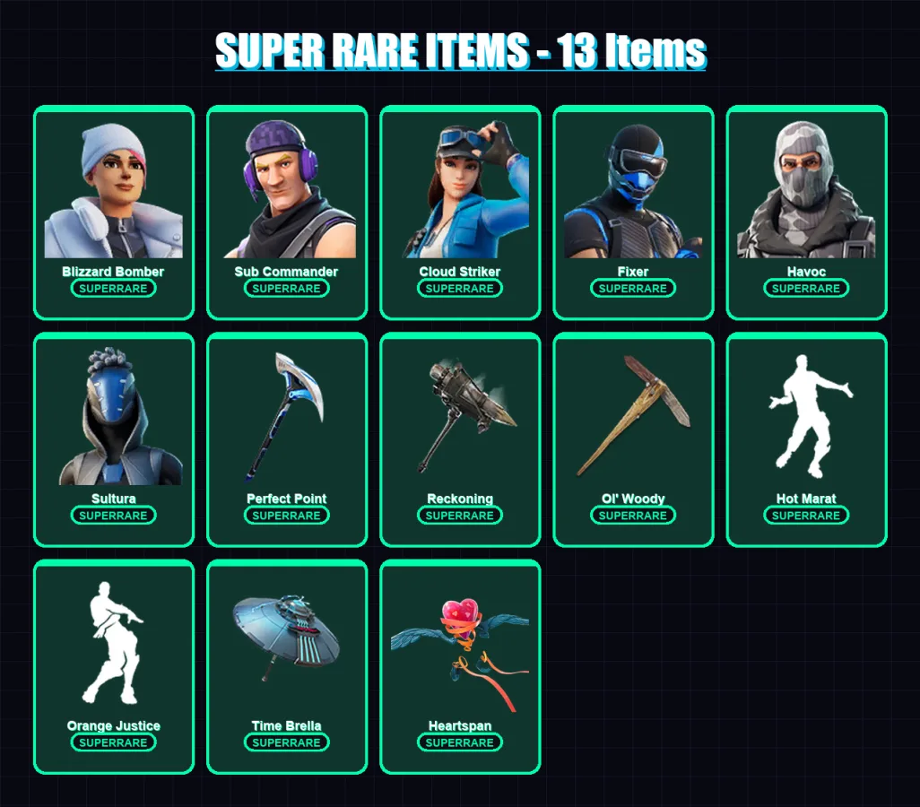 [PC] | Blizzard Bomber | Sub Commander | Cloud Striker | Fixer | Havoc | 67 skin | 100 pickaxe | 86 emote | 90 glider | Lv1494