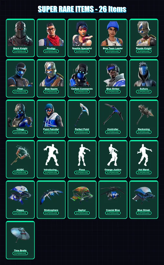 [PC] | Black Knight | Prodigy | Sparkle Specialist | Blue Team Leader | Royale Knight | 92 skin | 109 pickaxe | 96 emote | 102 glider | Lv1255 — Game account
