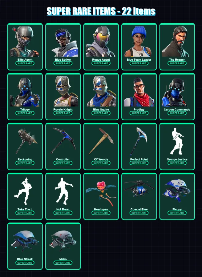 [PS4/PS5/XBOX/PC] | Elite Agent | Blue Striker | Rogue Agent | Blue Team Leader | The Reaper | 98 skin | 130 pickaxe | 126 emote | 107 glider | Lv19