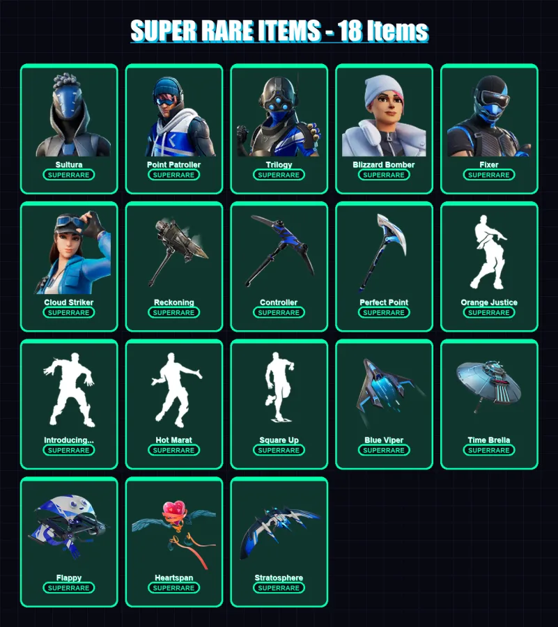 [PS4/PS5/XBOX/PC] | Sultura | Point Patroller | Trilogy | Blizzard Bomber | Fixer | 140 skin | 180 pickaxe | 152 emote | 161 glider | Lv3077