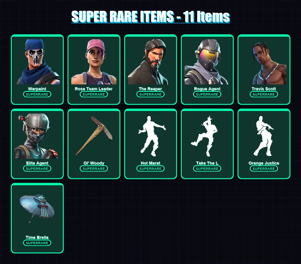 [PC/XBOX/PSN] | Warpaint | Rose Team Leader | The Reaper | Rogue Agent | Travis Scott | 59 skin | 52 pickaxe | 68 emote | 61 glider | Lv774