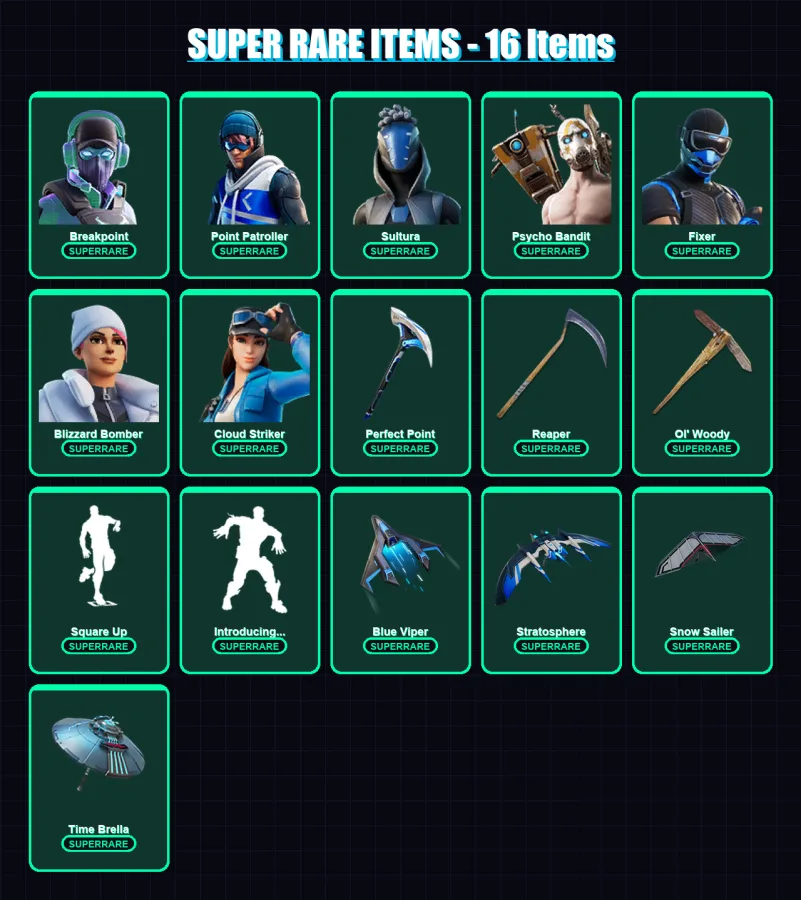 [PC/XBOX] | Breakpoint | Point Patroller | Sultura | Psycho Bandit | Fixer | 262 skin | 285 pickaxe | 210 emote | 198 glider | Lv2963