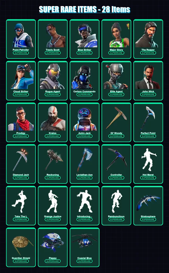 [PC/XBOX] | Point Patroller | Travis Scott | Blue Striker | Major Glory | The Reaper | 355 skin | 272 pickaxe | 293 emote | 204 glider | Lv2624
