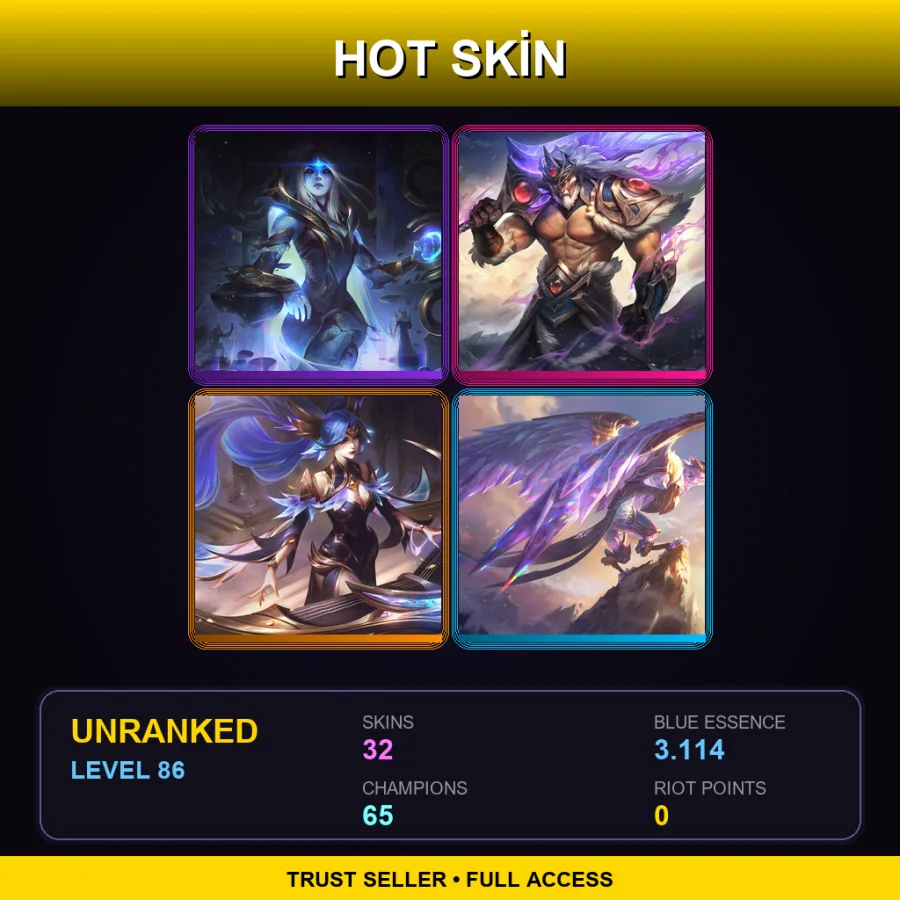 LAN | Lv86 | Unranked | 32 Skin | 65 Champ — Pentakill Kayle