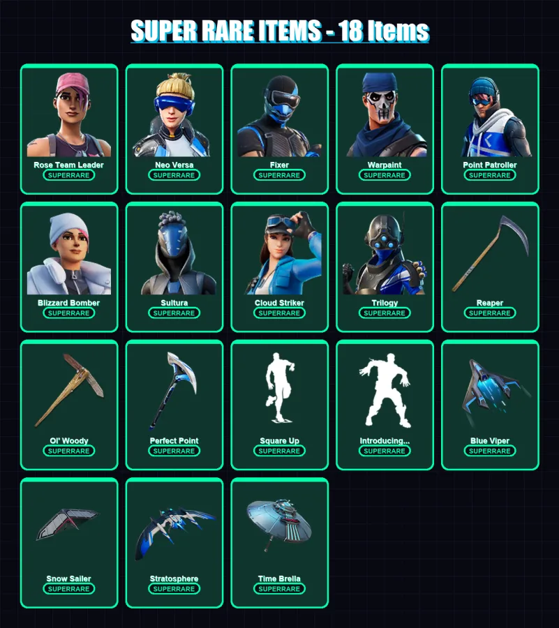 [PC] | Rose Team Leader | Neo Versa | Fixer | Warpaint | Point Patroller | 119 skin | 132 pickaxe | 108 emote | 112 glider | Lv1696