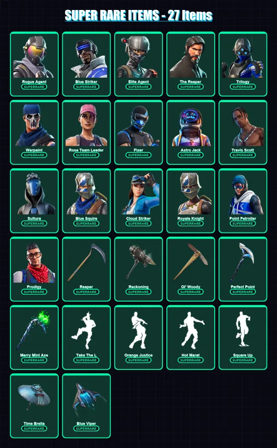 [PS4/PS5/XBOX/PC] | Rogue Agent | Blue Striker | Elite Agent | The Reaper | Trilogy | 172 skin | 224 pickaxe | 175 emote | 176 glider | Lv2889