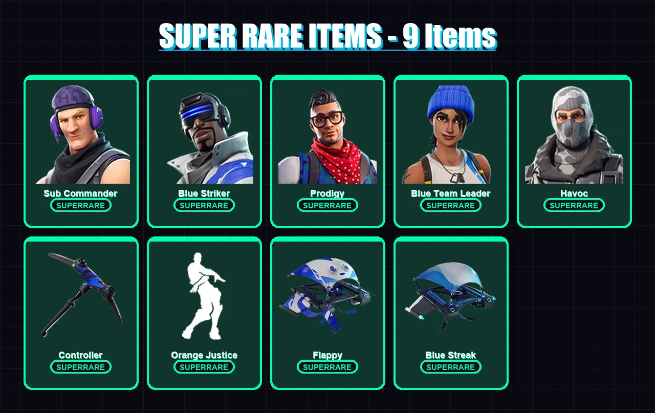 [PS4/PS5/XBOX/PC] | Sub Commander | Blue Striker | Prodigy | Blue Team Leader | Havoc | 5 skin | 4 pickaxe | 9 emote | 10 glider | Lv176