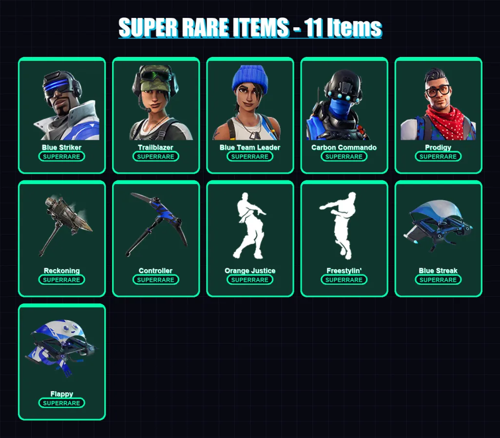[PC/XBOX/PSN] | Blue Striker | Trailblazer | Blue Team Leader | Carbon Commando | Prodigy | 23 skin | 21 pickaxe | 21 emote | 31 glider | Lv427