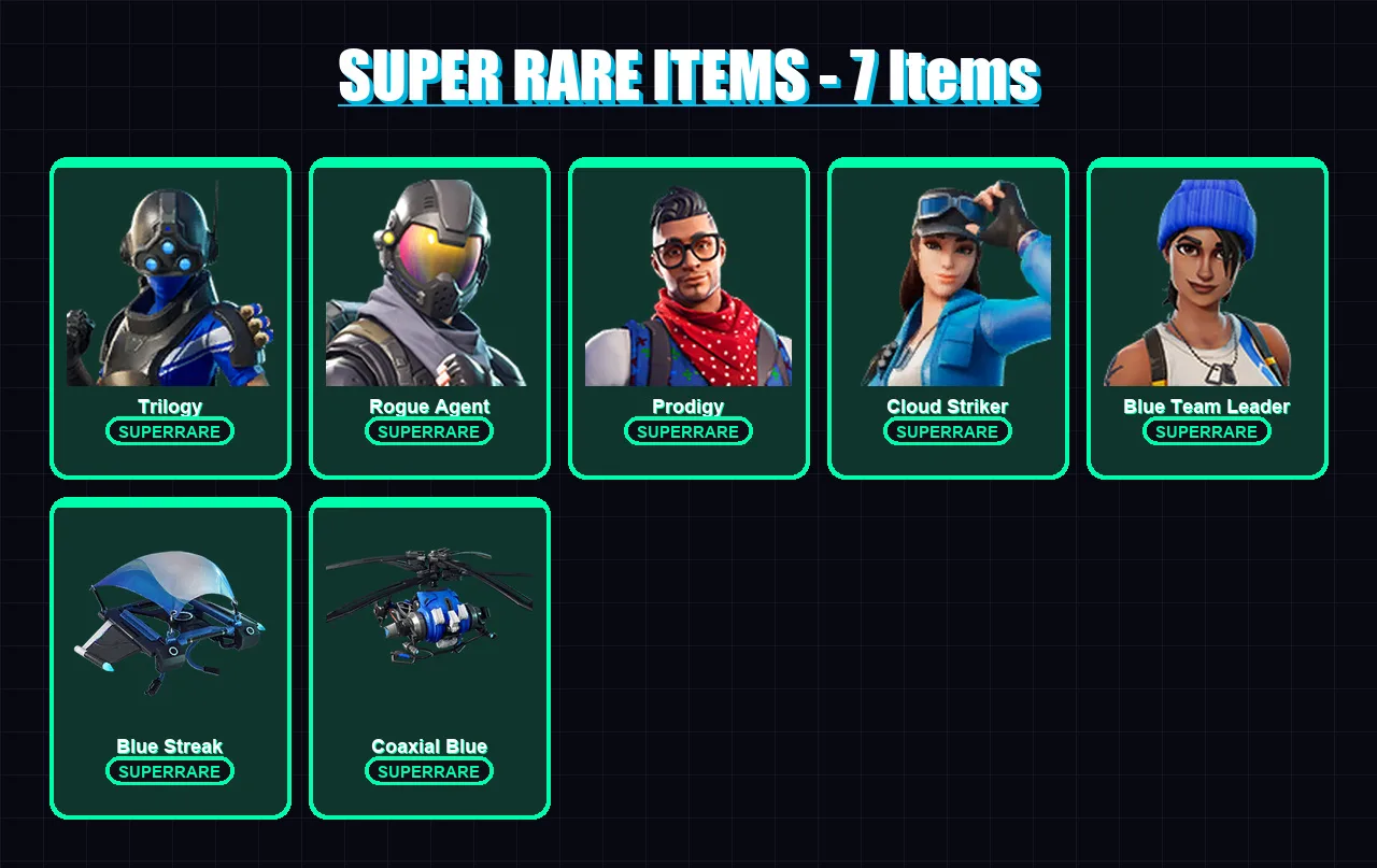 [PS4/PS5/XBOX/PC] | Trilogy | Rogue Agent | Prodigy | Cloud Striker | Blue Team Leader | 124 skin | 167 pickaxe | 131 emote | 147 glider | Lv1910