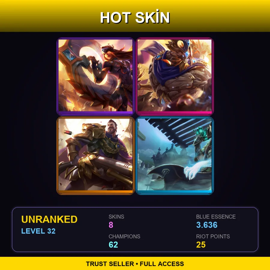 EUW | Lv32 | Unranked | 8 Skin | 62 Champ