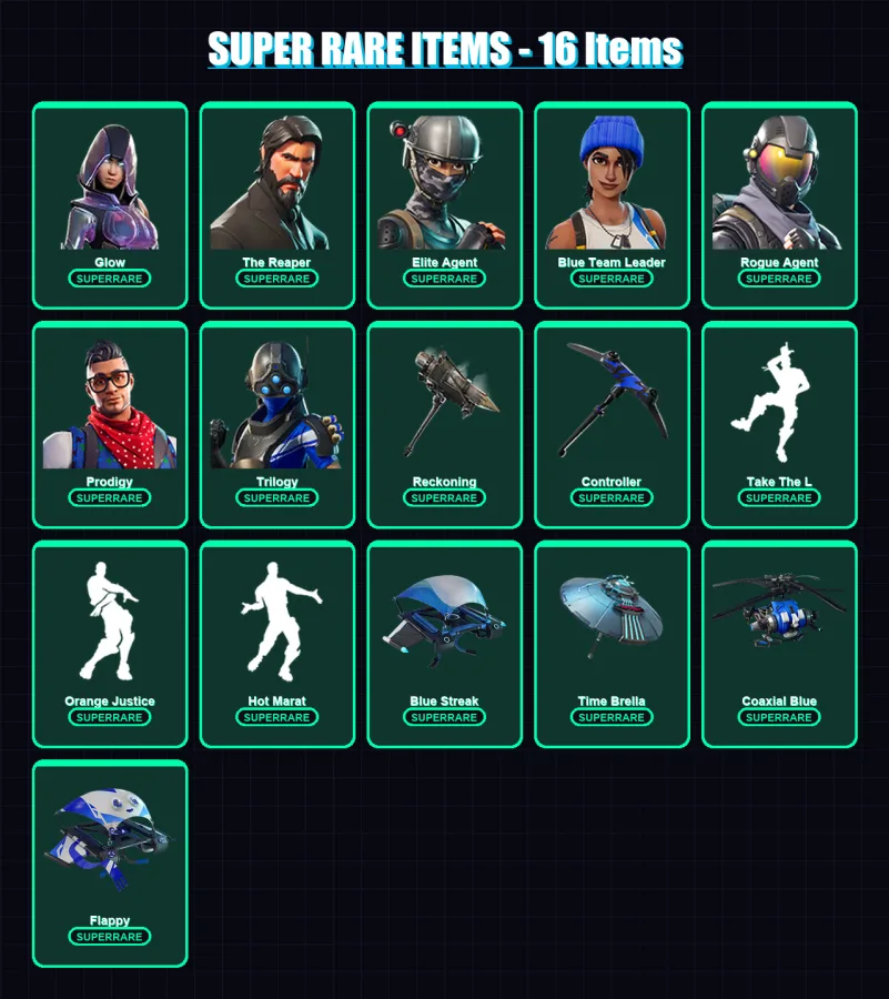 [PS4/PS5/XBOX/PC] | Glow | The Reaper | Elite Agent | Blue Team Leader | Rogue Agent | 117 skin | 96 pickaxe | 112 emote | 95 glider | Lv1398