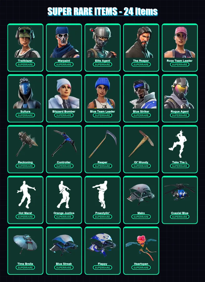 [PS4/PS5/XBOX/PC] | Trailblazer | Warpaint | Elite Agent | The Reaper | Rose Team Leader | 171 skin | 151 pickaxe | 164 emote | 119 glider | Lv1576
