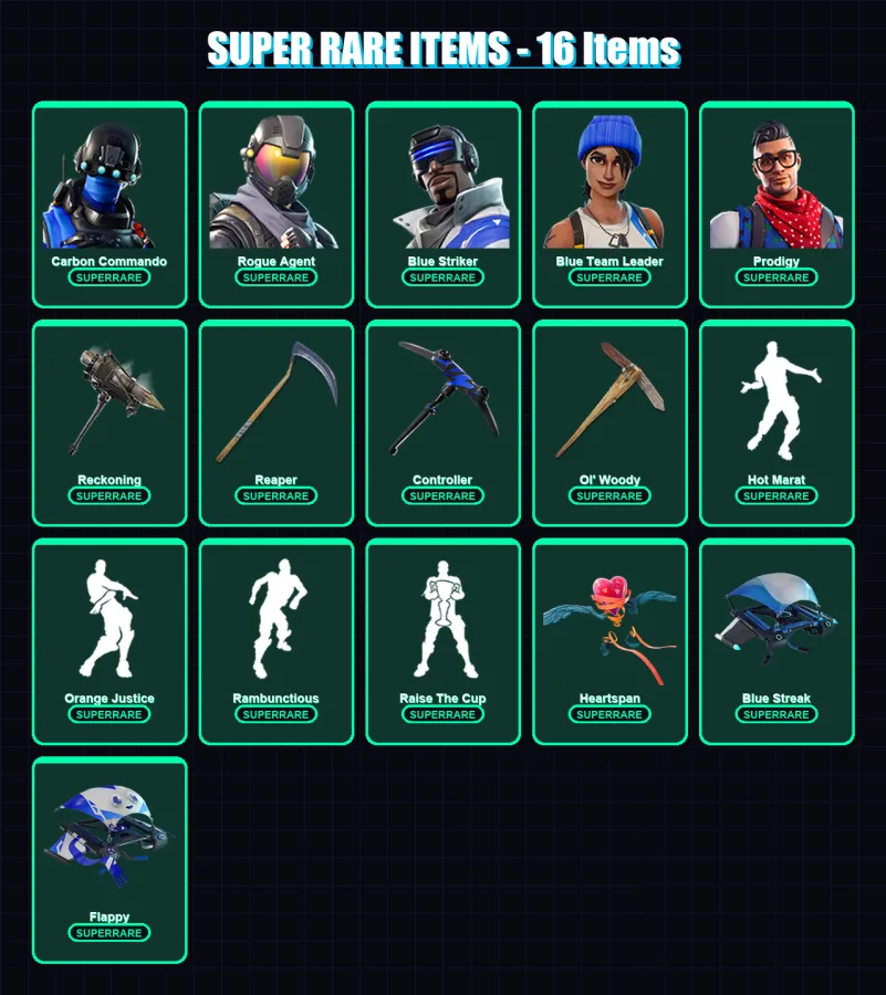 [PC] | Carbon Commando | Rogue Agent | Blue Striker | Blue Team Leader | Prodigy | 183 skin | 163 pickaxe | 177 emote | 162 glider | Lv2052