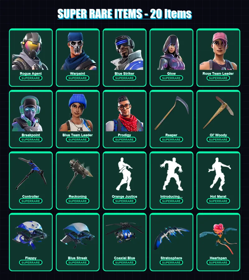 [PS4/PS5/XBOX/PC] | Rogue Agent | Warpaint | Blue Striker | Glow | Rose Team Leader | 142 skin | 148 pickaxe | 113 emote | 135 glider | Lv2137