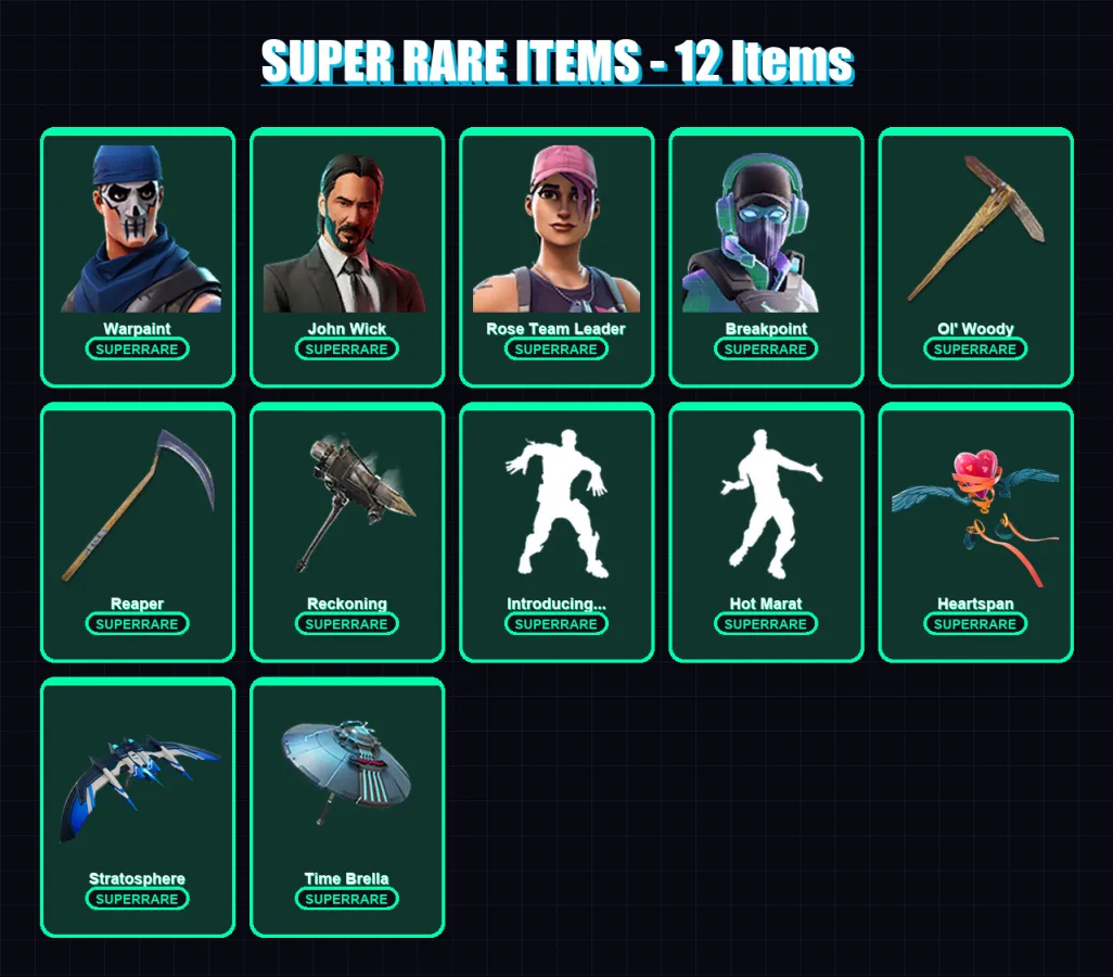 [PC] | Warpaint | John Wick | Rose Team Leader | Breakpoint | Dire | 193 skin | 197 pickaxe | 216 emote | 157 glider | Lv1991
