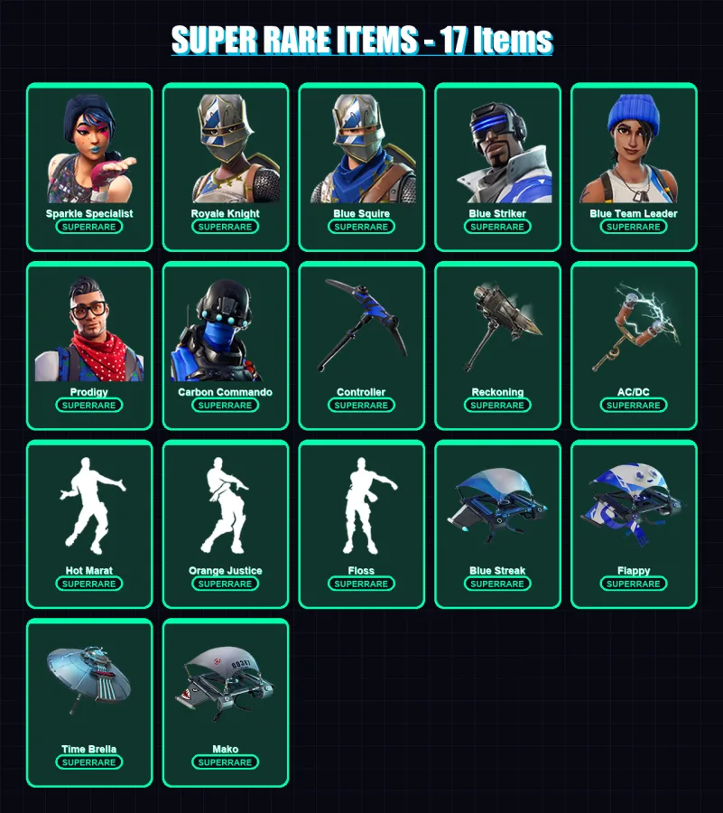 [PC/XBOX] | Sparkle Specialist | Royale Knight | Blue Squire | Blue Striker | Blue Team Leader | 32 skin | 50 pickaxe | 60 emote | 58 glider | Lv107