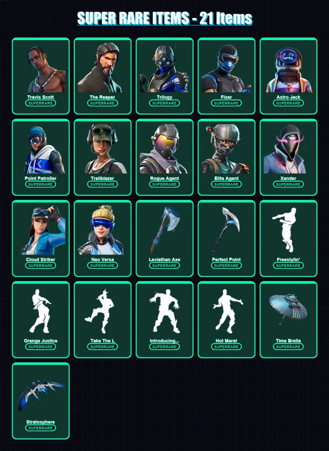 [PC/XBOX] | Travis Scott | The Reaper | Trilogy | Fixer | Astro Jack | 136 skin | 129 pickaxe | 92 emote | 110 glider | Lv1952