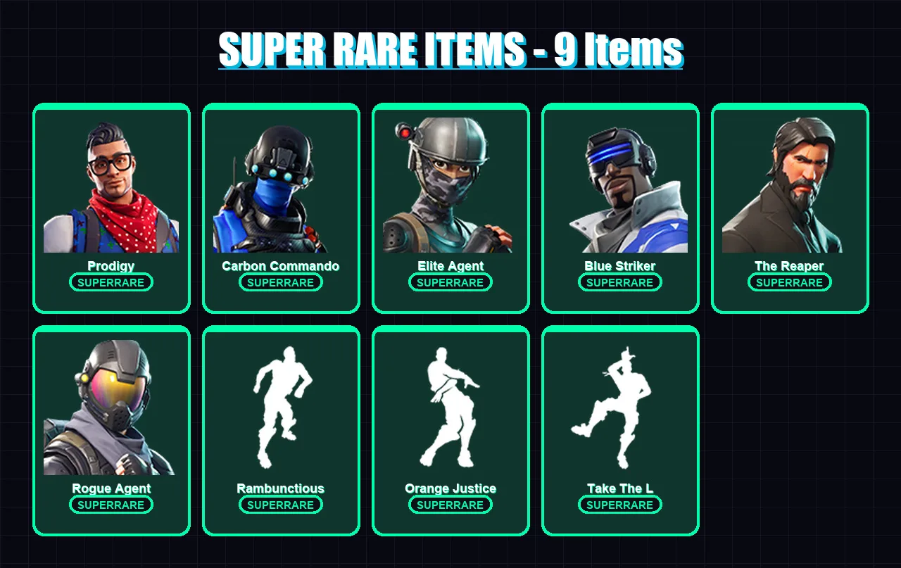 [PS4/PS5/PC] | Prodigy | Carbon Commando | Elite Agent | Blue Striker | The Reaper | 33 skin | 32 pickaxe | 34 emote | 28 glider | Lv431